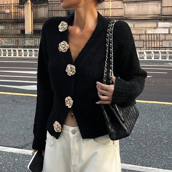 Black Casual Women's V-Neck Rose Button-Up knit sweater Cardigan - Picture 3 of 7